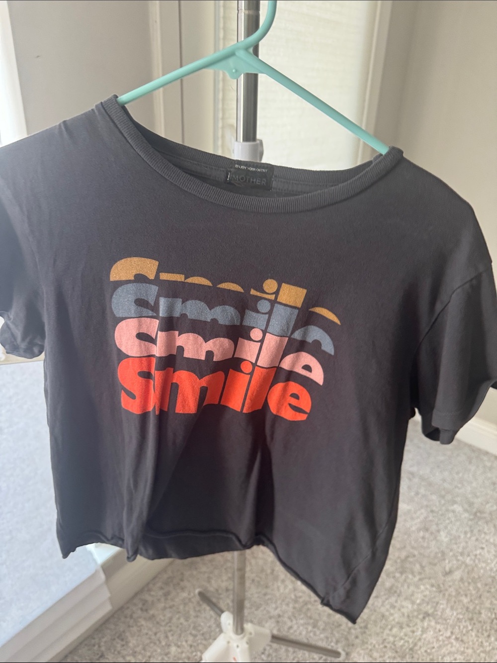 MOTHER Black Short-Sleeve Tee with Layered Smile Graphic in Red, Pink & Gold
